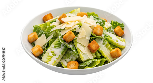 Caesar salad with croutons and parmesan cheese on a black background, lettuce bowl
