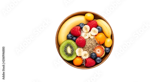 Bowl of mixed fruit salad with kiwi, strawberries, and bananas on a black background