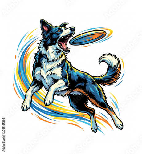 Energetic Border Collie Catching Frisbee: A dynamic illustration captures a border collie in mid-air, eyes focused on a flying frisbee, surrounded by swirling colors representing speed and excitement.