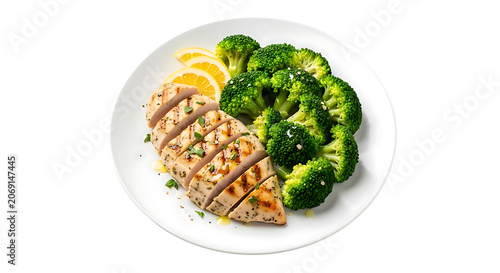 Grilled chicken breast with steamed broccoli and lemon slices on a white plate