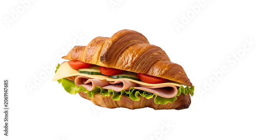 Ham and cheese croissant sandwich with lettuce and tomato