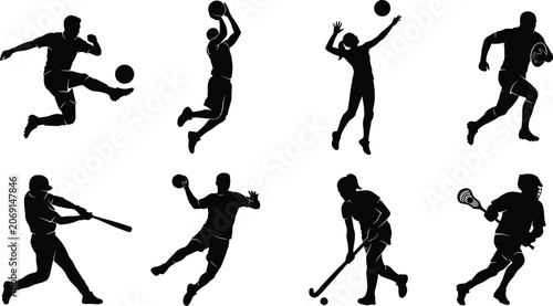 Bild auf Leinwand Multi Sport Athlete Silhouette Collection Featuring Soccer Baseball Rugby Volley