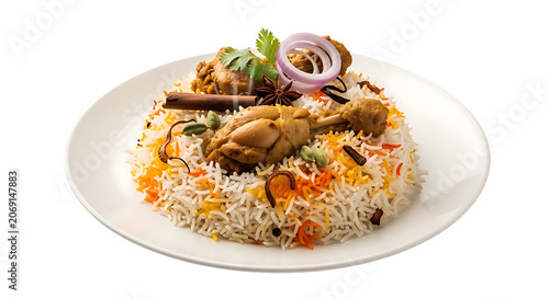 Plate of flavorful chicken biryani with rice and spices on a black background, rice dish herbs