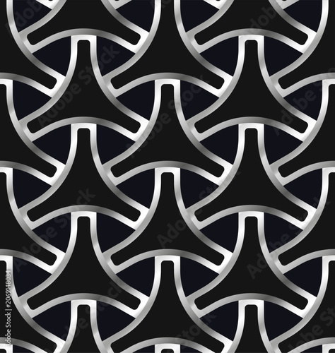 Seamless 3d metallic pattern. Vector silver chrome abstract interlocking grid background. Premium dark tech geometric texture