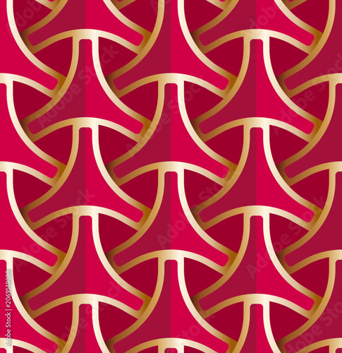 Seamless luxury gold and red pattern. Vector 3d geometric lattice with metallic golden grid. Premium royal oriental ornament background