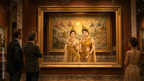 A multi-layered art exhibition depicting a complex frame-within-a-frame concept inside a luxury art gallery. Elegant visitors in formal suits and evening gowns are standing and admiring an infinite re