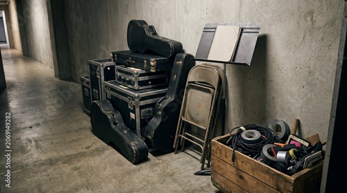 Backstage corridor with stacked instrument cases and folding chairs