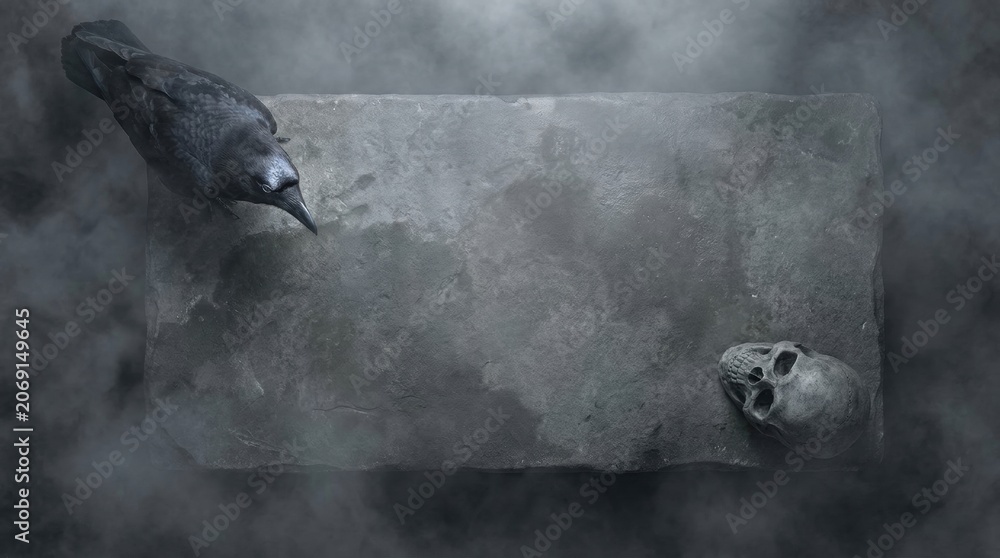 Naklejka premium Top-down minimalist composition of raven and skull placed at opposite corners of a weathered stone slab, surrounded by drifting gray mist and broad copy space for an austere gothic mortality concept