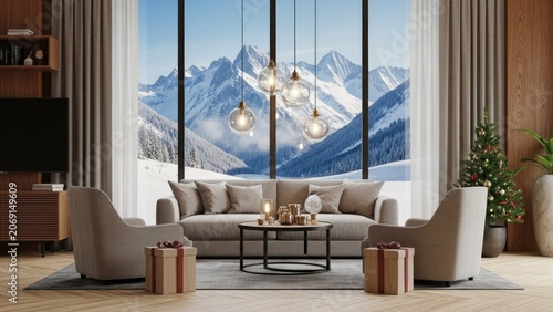 Modern living room with mountain view decor featuring furniture and presents