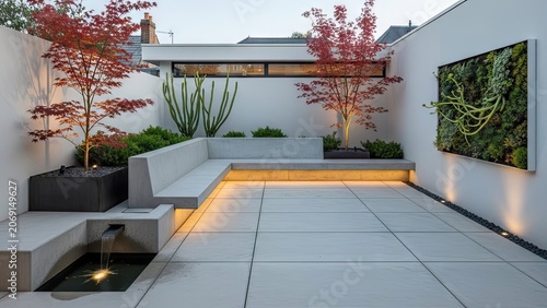 Modern minimalist outdoor space with concrete patio furniture and lush greenery