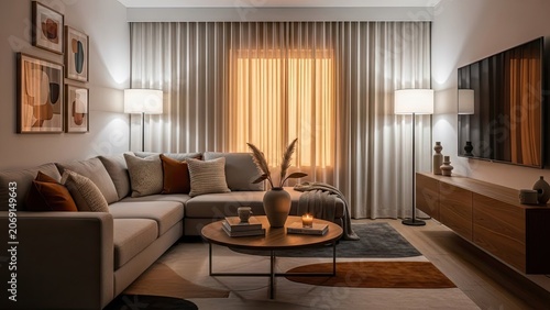 Modern living room with neutral colors and warm lighting for interior design