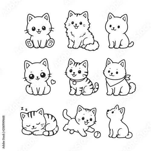 Cute Cat Outline Bundle Collection. Kawaii Kitten Cartoon Line Art Set