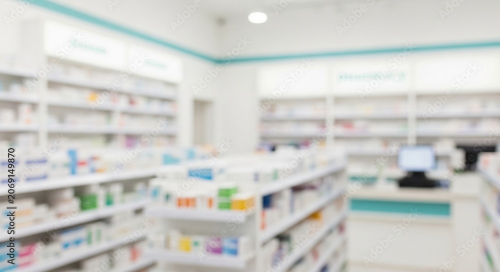Fototapeta premium Interior of a modern pharmacy with shelves of medicines and products