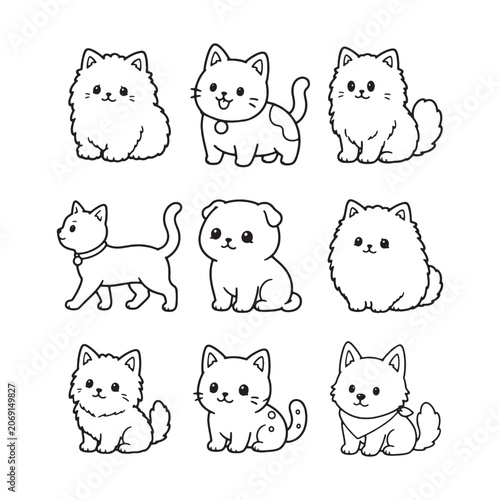 Cute Cat and Puppy Outline Bundle. Kawaii Pet Cartoon Line Art Collection
