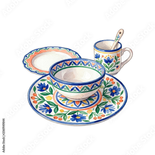 Painted ceramic bowl plate and mug set with floral pattern