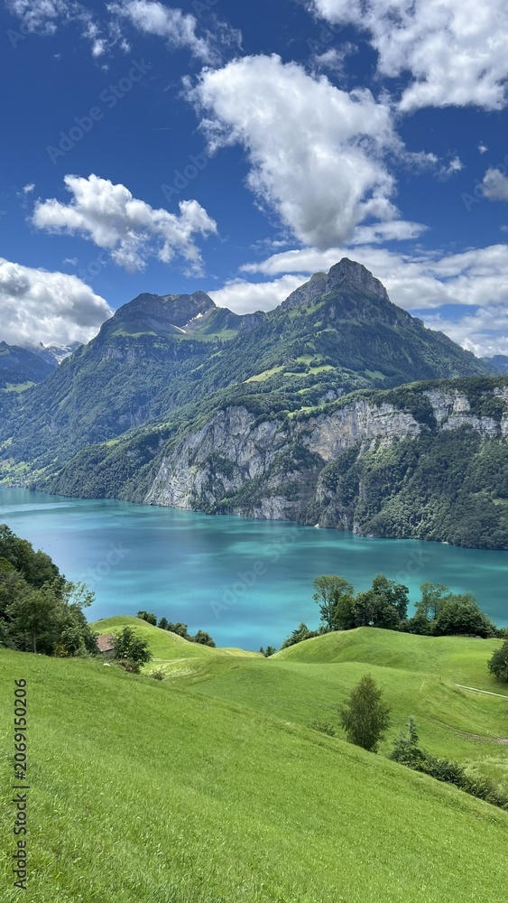 Obraz premium Lake Uri in Switzerland, mountains Niederbauen-Chulm and Oberbauenstock