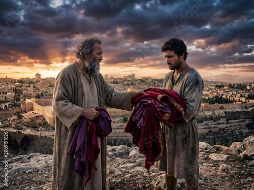 Older man offering royal robes to younger successor