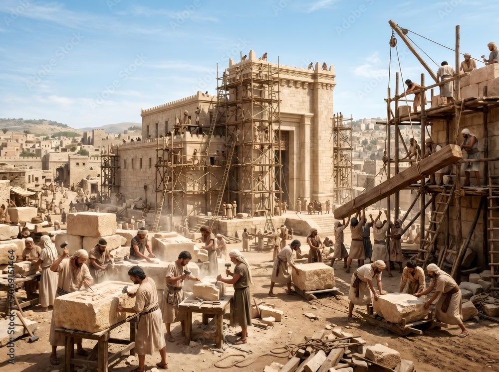 Naklejka premium Building Solomon's Temple workmen constructing ancient Jerusalem structure