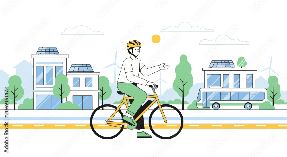 Naklejka premium Eco-friendly city commute: man cycling electric bike past solar powered buildings