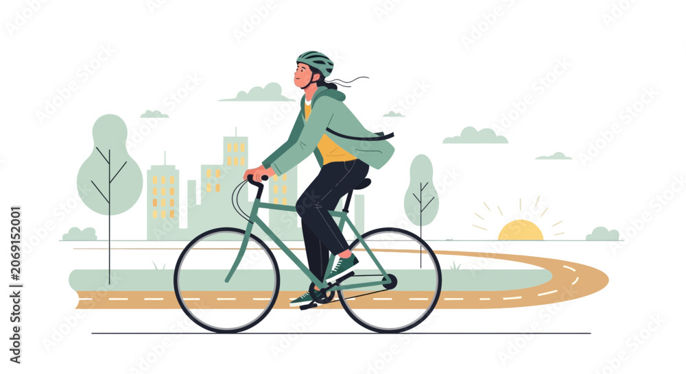 Fototapeta premium Woman rides bicycle in city park at sunrise, healthy lifestyle, eco-friendly transport