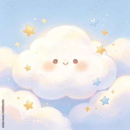 Cute Smiling Cloud Illustration, Shining Stars, Soft Blue Sky