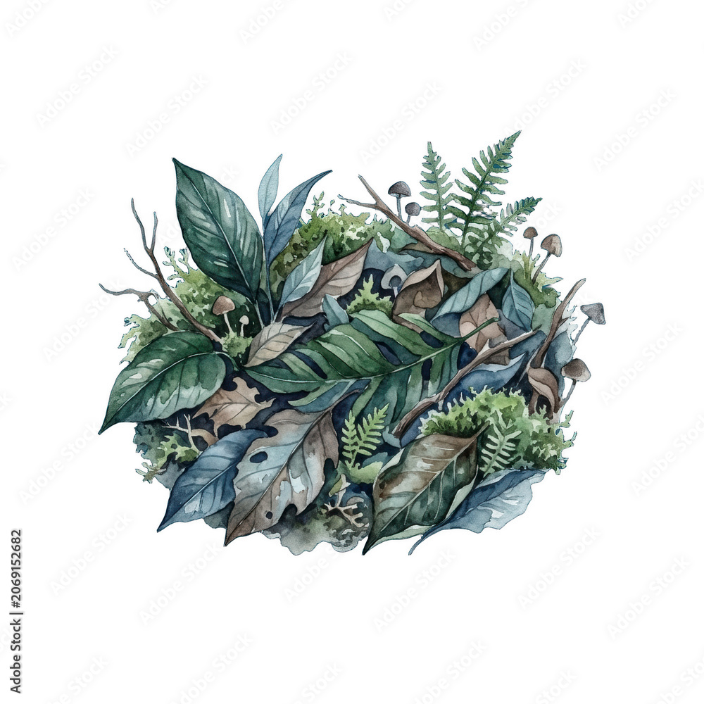 Obraz premium Watercolor Forest Floor Arrangement with Moss and Leaves