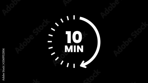 Clock with 10 min and circular arrows timer animation on transparent background. 10 Min arrow clock icon animation, 10 minute animation. timer 10 minutes countdown icon. Alpha Channel