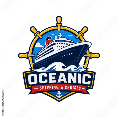 Oceanic Shipping and Cruises Emblem: A stylized emblem featuring a grand cruise ship sailing through waves, set within a ship's wheel and a banner with text. A nautical anchor rests at the bottom.