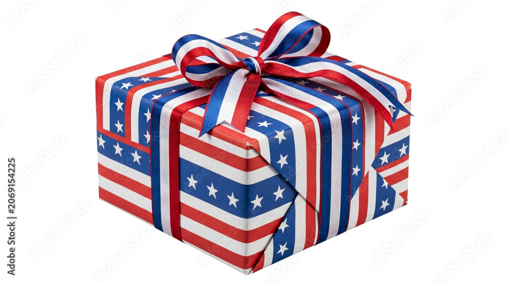 Fototapeta premium Gift box wrapped in patriotic stars and stripes paper with ribbon isolated on transparent background