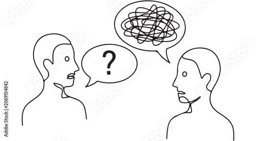 Obraz na plátně Line art illustration of two people talking with speech bubbles containing a que