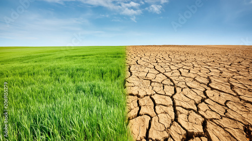 The stark difference between vibrant green grass and dry cracked earth showcasing the impacts of climate change on our environment