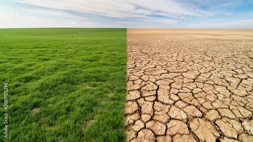 Vibrant green grass contrasts with dry cracked earth beneath a bright clear blue sky creating a striking landscape