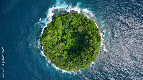 Stunning aerial perspective of a vibrant tropical island embraced by pristine blue waters and gentle ocean waves