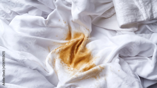 Discolored white bedding revealing stains from food or beverage spills on soft fabric surface