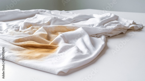 An up close view of a wrinkled white sheet with visible stains resting on a wooden table surface