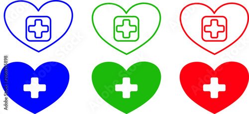 Medical healthcare icons pack with hearts and cross symbols, colorful medical design layout with blue green and red variations, clinical care elements for health application interfaces