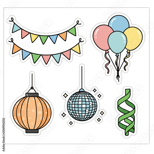 Colorful Party Decorations Including Balloons Lanterns and Garland.