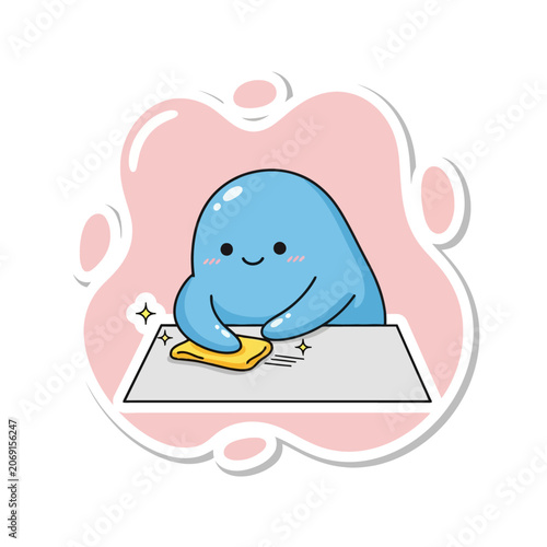 Cute Blue Character Cleaning Table with Cloth.