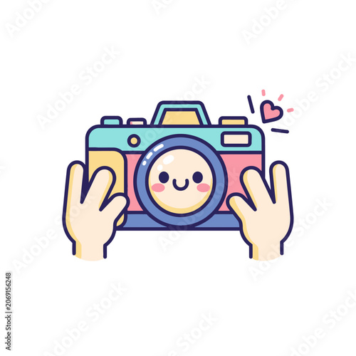 Cute cartoon camera with smiling face and hands.