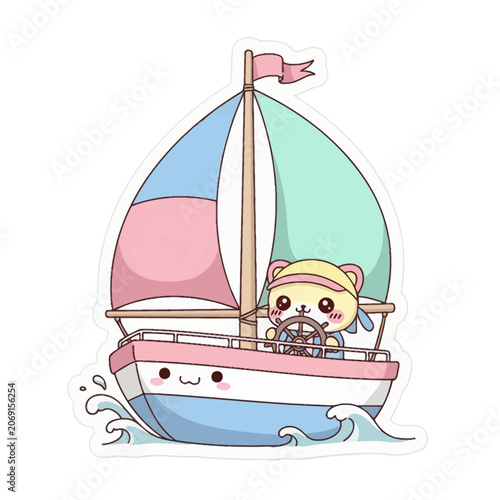 Cute Cartoon Bear Sailing on Colorful Small Sailboat.