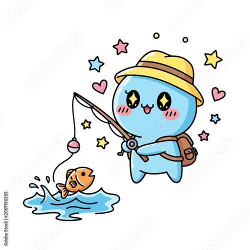 Cute Blue Character Fishing with Hat and Backpack.
