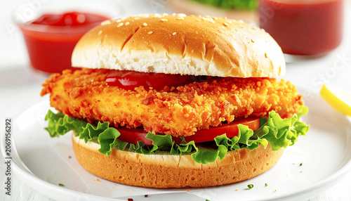 Fish sandwich with ketchup, closeup. AI