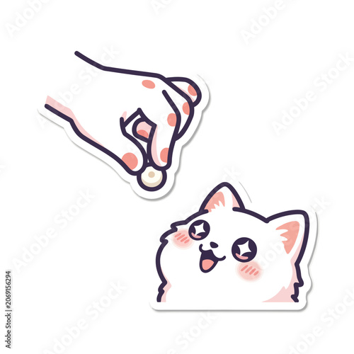 Cute cartoon cat looking at hand holding coin.