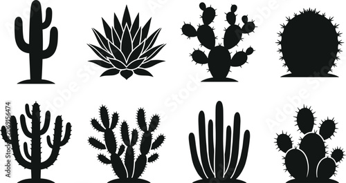 Foto Cactus species and desert plants black silhouette icon set featuring saguaro aga