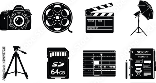 Valokuva Photography and film production black silhouette icon set featuring dslr camera