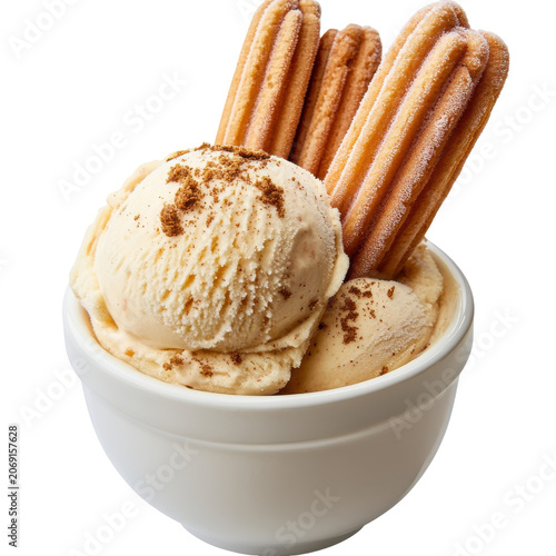 Creamy vanilla ice cream with cinnamon churros in a white bowl isolated on white background