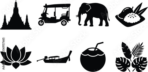 Fotografi Thailand travel and culture black silhouette icon set featuring Wat Arun temple