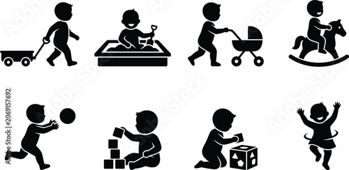 Tableau sur toile Toddler playtime and early childhood development activities black silhouette ico