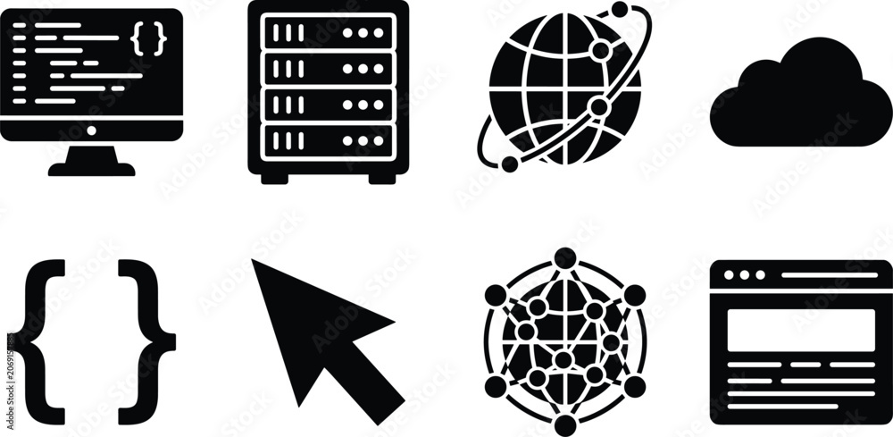 Fototapeta premium Web development and cloud computing icon set featuring server rack network globe and programming code symbols