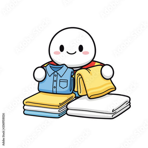 Cute cartoon character folding colorful clothes neatly.